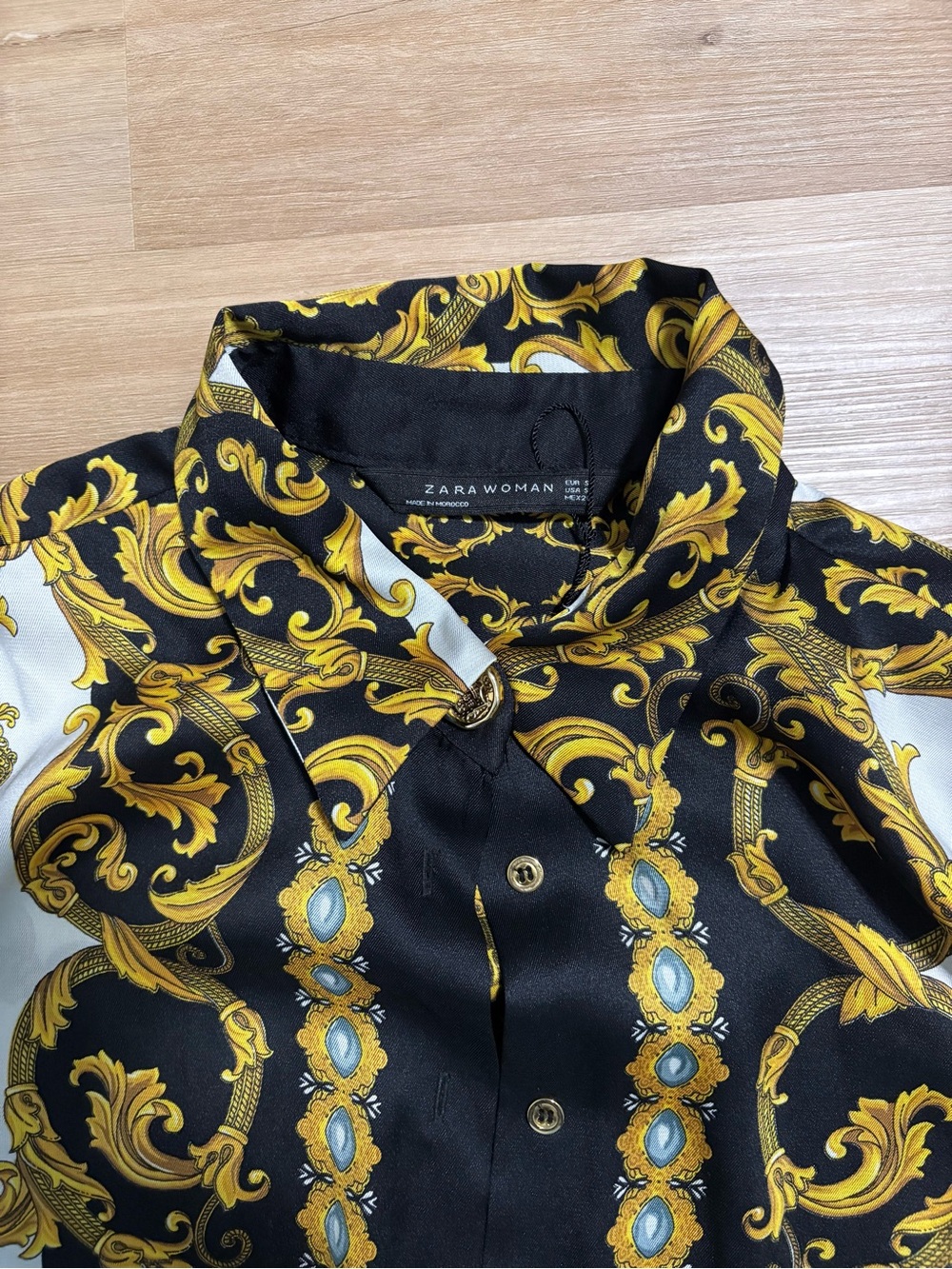 Zara Woman Black & Gold Baroque Print Dress